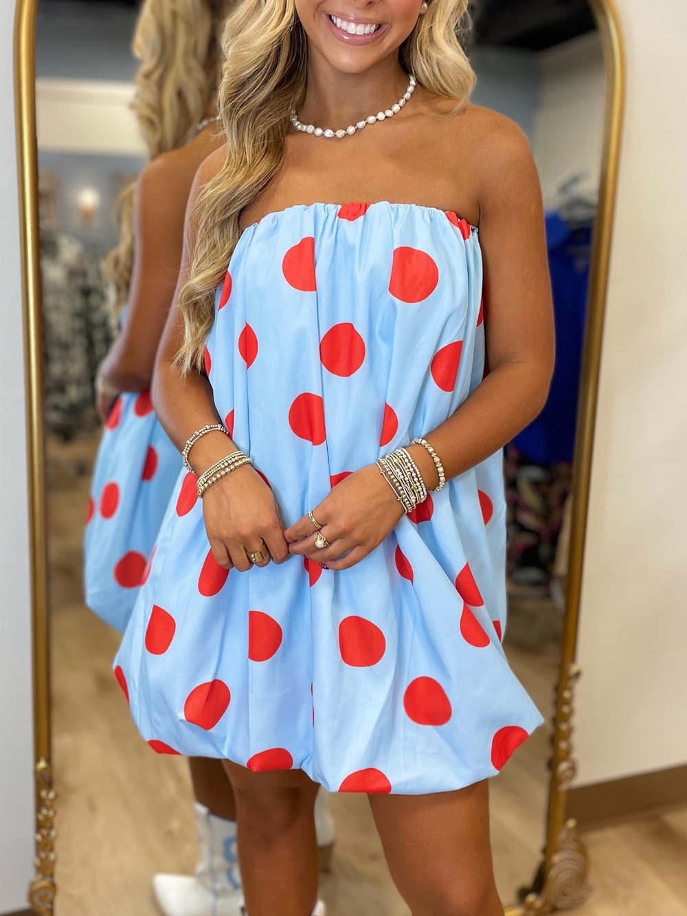 NWT Day + Moon Strapless Blue & Red Polka Dot Bubble Dress Size Small